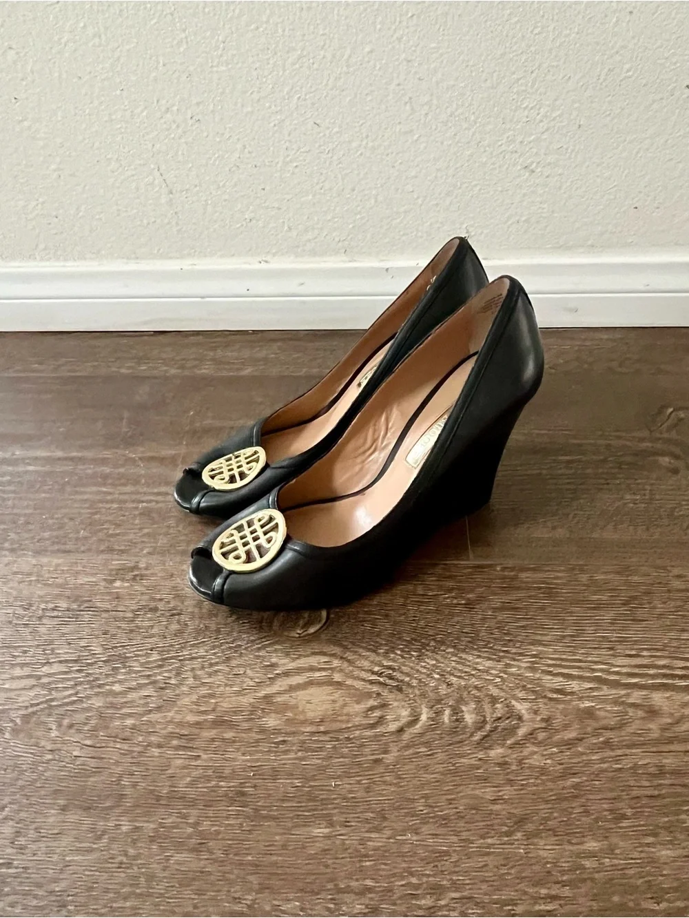 Audrey Brooke Black Wedge Peep-Toe Pumps with Gold Medallion